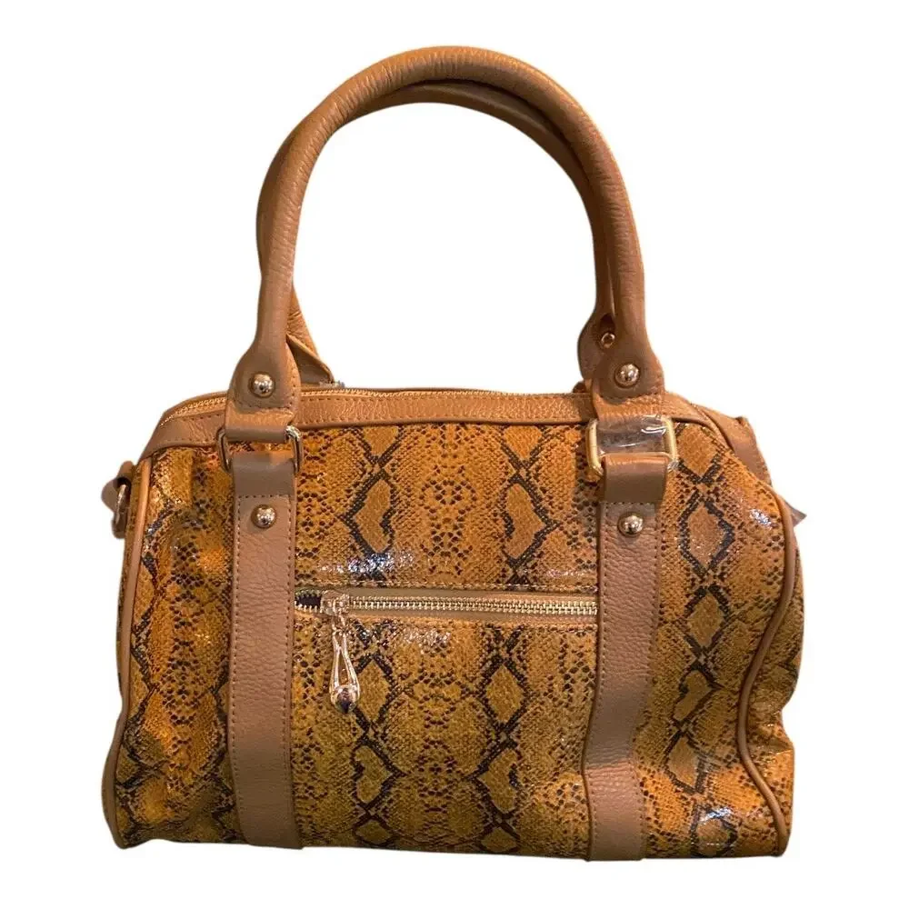 Terzetto Leather Satchel Bag Purse Brown Embossed Snakeskin Animal Print NWT - Picture 5 of 11